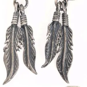 Pair of Vintage Stamped STERLING , Sterling Silver & Turquoise Double Feather Native-Style Earrings, Pierced, 1.25" Long