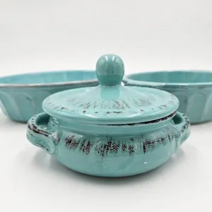 Three Blue Glazed Ceramic Bakeware