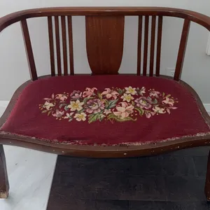 Wood Settee with Floral Needlepoint Seat