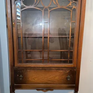 Glass Front Wood China Cabinet with Drawer- From Camrose 1930’s