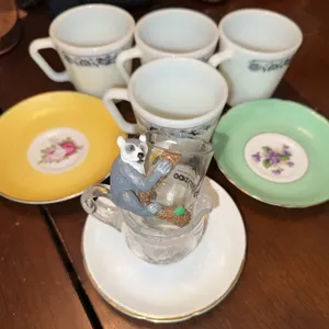 Mix of Tableware Including Pyrex Cups and mixed saucers