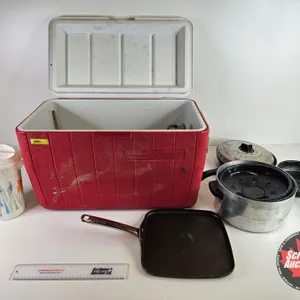 Coleman Cooler with Contents (Pots, Pans and Utensils) (Measures : 14"H x 24"W x 14"D)