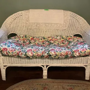 White Wicker Loveseat Floral Cushion