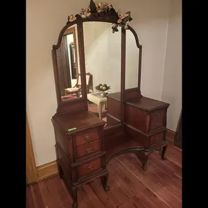 Antique Dark Wood Vanity Tri-Fold Mirror