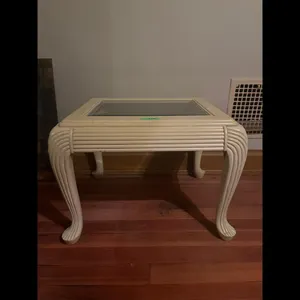 Vintage Rattan Glass Top End Table Cream