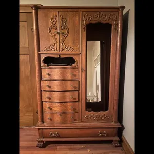 Antique Oak Wardrobe Armoire Mirror Drawers