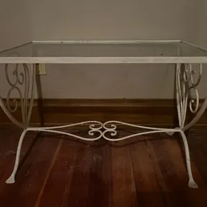 Vintage White Wrought Iron Glass Top Side Table