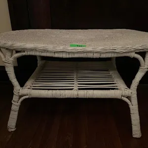 White Wicker Rattan Side Table with Shelf