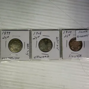 3 Silver Quarters - 1899 Victorian & 1908 Edward & 1929