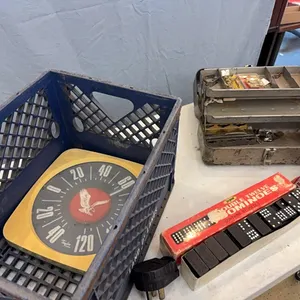Tackle box with haedware, thermometer, dominoes