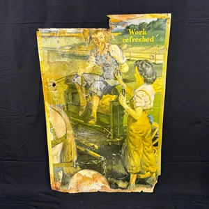 1940 COCA-COLA "WORK REFRESHED" CARDBOARD SIGN WITH RURAL FARM SCENE 2FT5 X 3FT9
