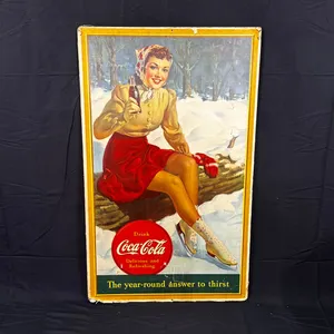 1940 COCA-COLA "YEAR-ROUND ANSWER TO THIRST" CARDBOARD SIGN FEATURING WINTER SKATER GIRL GRAPHC 2FT X 4FT4