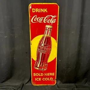 VINTAGE COCA-COLA "SOLD HERE ICE COLD" EMBOSSED TIN SIGN WITH CONTOUR BOTTLE GRAPHIC 4FT5" X 1FT5"