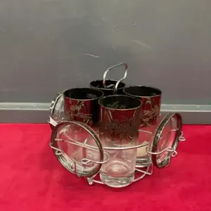 VINTAGE SILVER RIMMED DRINKING GLASSES & COASTERS ON CADDY