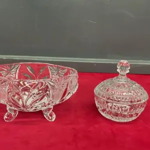 (2) CRYSTAL  PIECES-  SMALL 4-LEGGED CANDY DISH & SMALL COVERED CANDY/TRINKET DISH