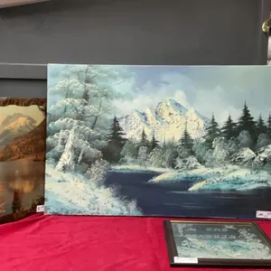 VARIETY OF PICTURES - MOUNTAIN SCENE OIL PAINTING, MIRROR W/ SAYING & SHELLAC MOUNTAIN PICTURE