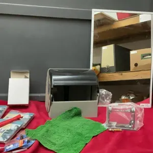 BOX W/ CAULKING STRIPS, MIRROR, PAPER TOWEL DISPENSER, TOILET PAPER HOLDER, SMALL TABLE LAMP