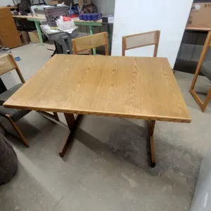 Danish Modern Oak Drop-Leaf Trestle Dining Table 30 x 48 x 36" with Four Cane-Back Chairs plus Leaf