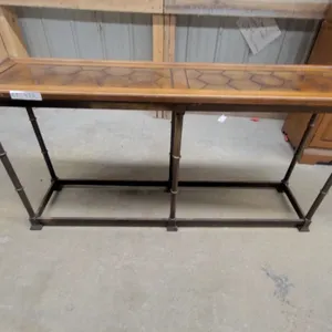 Console Table with Hexagonal Carved Wood Top and Faux Bamboo Metal Base 27 x 56 x 15"
