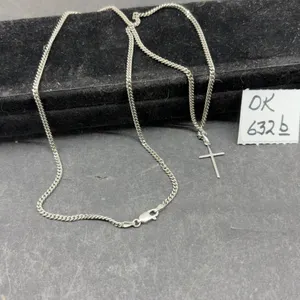 Sterling Silver 925 Italian Curb Chain Necklace with Cross Pendant and Lobster Claw Clasp