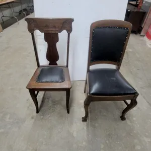 Pair of Antique Oak Side Chairs with Carved Backs and Black Upholstered Seats
