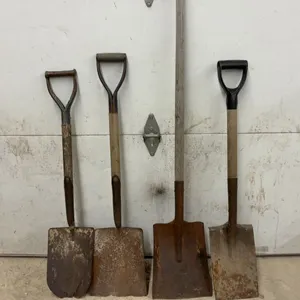 Lot of Four Flat-Blade Transfer Shovels with D-Handle and Long-Handle Styles and More