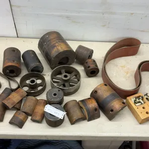Vintage Industrial Cast Iron Pulleys, Wooden Journal Bearings, Drive Belts, and More