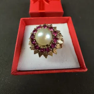 10k Stamped Pearl and Ruby Ring