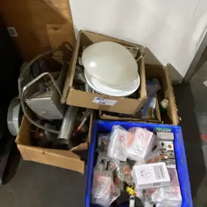 3 BOXES & 1 BIN OF ASSORTED ELECTRICAL ITEMS, LIGHTS, SWITCHES, PARTS