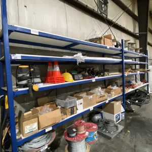 BLUE METAL BOLT TOGETHER 4 TIER SHELVING UNIT WITH WHITE WOODEN DECKING - APPROX 20'L X 25"D X 8'H