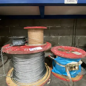 3 SPOOLS OF ASSORTED SIZE INDUSTRIAL BRAIDED CABLING & 1 SPOOL OF INDUSTRIAL LINK CHAIN