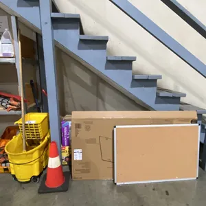 ASSORTED JANITORIAL ITEMS- COMMERCIAL MOP BUCKET, MOP, CORKBOARDS, FIRE EXTINGUISHERS, SOAPS, BAGS