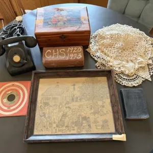 Vintage Phone, Doilies, 1932 Dictionary etc.