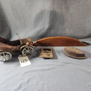 Wooden SIgn, Sad Iron, Copper Tone Metal Car &