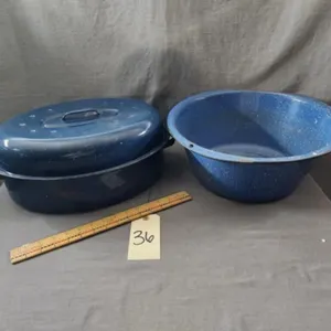 Blue Speckled Enamelware Wash Basin & Roasting Pan