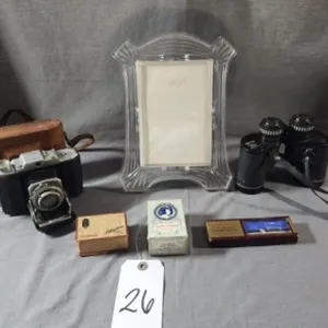 Binoculars, Folding Camera & Collectible Boxes