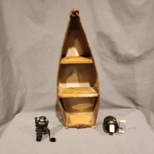 VTG Wooden Canoe Book Shelf & Fishing Reels
