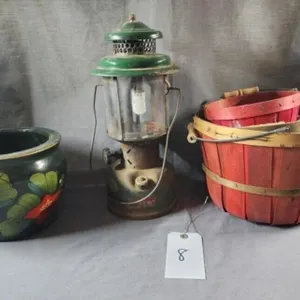Coleman Lantern,Rustic Wooden Baskets & Flower Pot