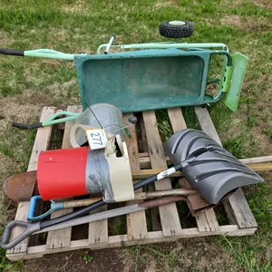 Wheelbarrow, Assorted Shovels, Post Hole Digger,Grass Seeder