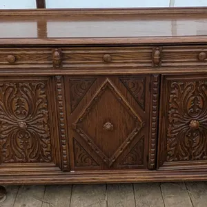 Carved Oak Hutch or Buffet with Storage, Circa 1940s