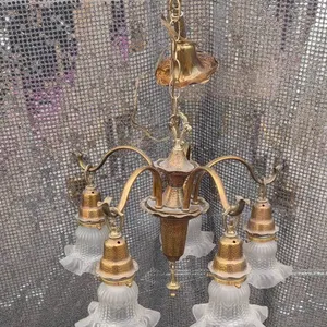 Brass Chandelier with Frosted Glass Shades and Adjustable Light Arms
