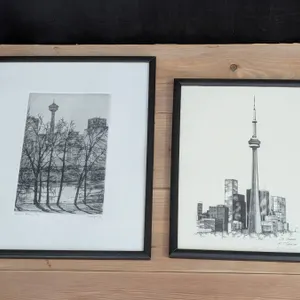 Framed Hand-Drawn Artworks of Canadian Landmarks, Signed by Artists