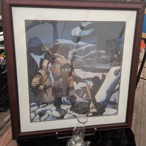 Framed Charles Comfort Print Return to Toboggan with Certificate of Authenticity and Glass Oil Lamp