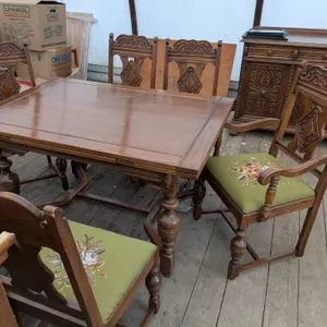 1940s Hardwood Dining Table with Hand-Embroidered Cushions, Includes Extensions and Six Chairs