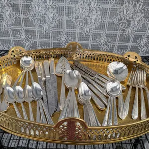 Brass Serving Tray with Embossed Design and Silver-Plated Cutlery Set