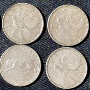 5 Canadian Quarters 1965-1966 and 1967 Non-Magnetic