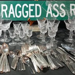 Val St.Lambert Belgium Hand Blown "Glendale" Pattern with  Cutlery, and Street Sign