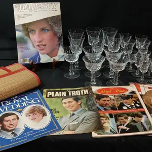 Collection of Princess Diana Memorabilia with Vintage Stemware, Vintage Bag