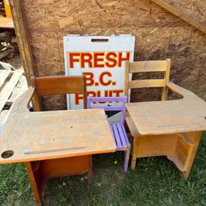 2 Antique Wooden School Desks with Purple Chair