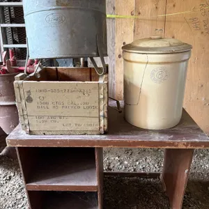 Small Wooden Desk with Pacific Stoneware Co. Crock